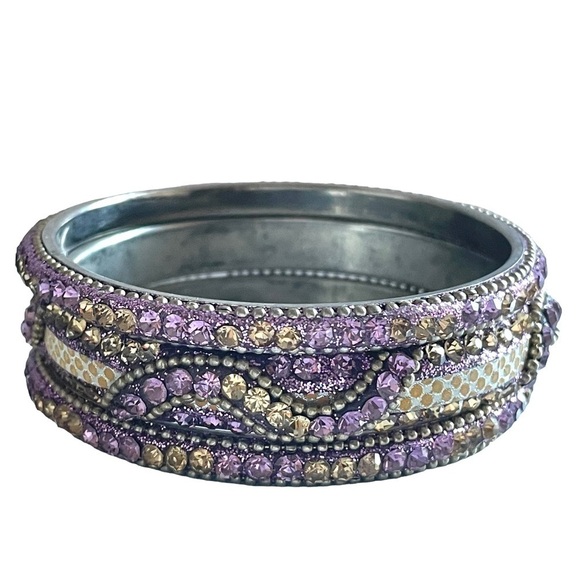 Set of Three Crystal Silver Tone Bangle Bracets - Picture 2 of 11